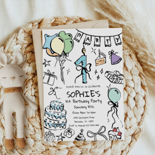 1st Birthday Invite, Hand Drawn Birthday Invitation
