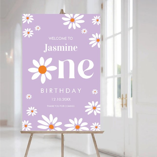 1st Birthday Lavender Groovy Daisy Florals welcome Poster (1st Birthday Lavender Groovy Daisy Florals welcome Poster)