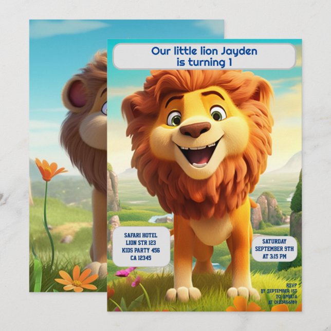 1st Birthday Lion Personalised Name Age Kids  Invitation (Front/Back)