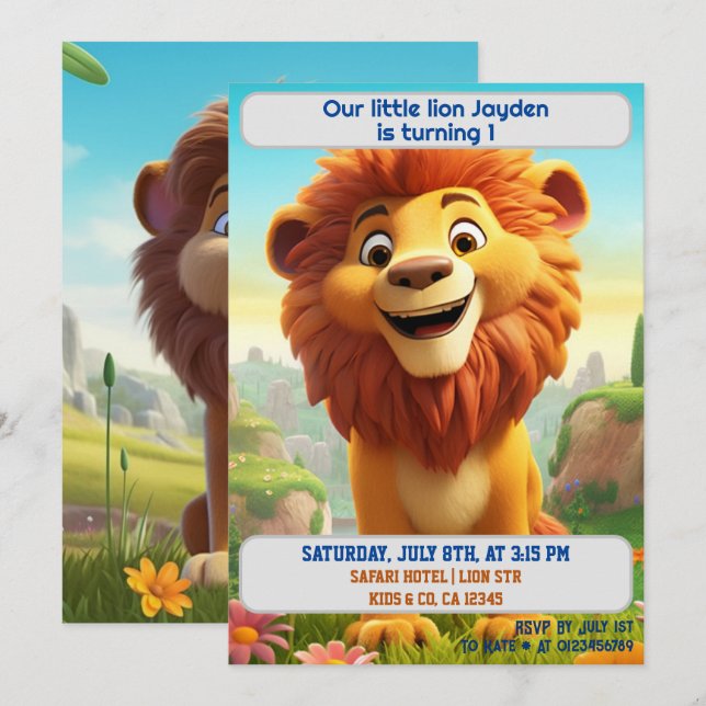 1st Birthday Lion Personalised Name Age Kids  Invitation (Front/Back)