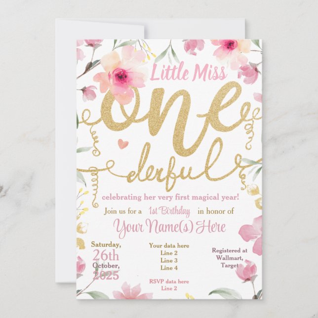  1st Birthday Little Miss ONEderful Pink Floral  Invitation (Front)