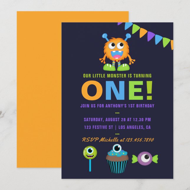 1st Birthday Little Monster Boy Party Invitation (Front/Back)