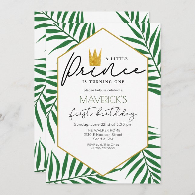 1st Birthday Little Prince Crown Leaf Invitation (Front/Back)