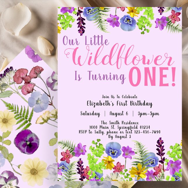 1st Birthday Little Wildflower Purple Floral Girl  Invitation (Creator Uploaded)
