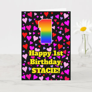 1st Birthday: Loving Hearts Pattern, Rainbow # 1 Card