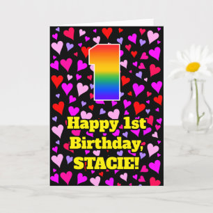 1st Birthday: Loving Hearts Pattern, Rainbow # 1 Card