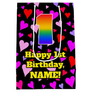 1st Birthday: Loving Hearts Pattern, Rainbow # 1 Medium Gift Bag
