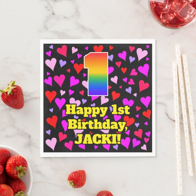 1st Birthday: Loving Hearts Pattern, Rainbow # 1 Napkin (Insitu)