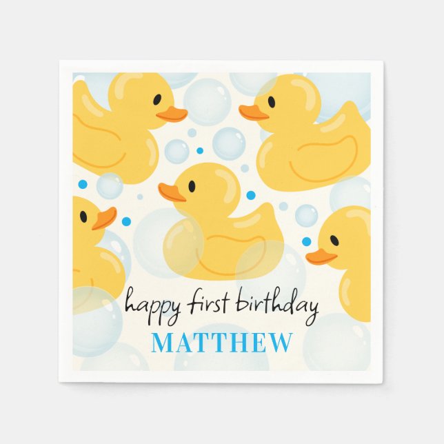 1st Birthday Lucky Duck Boy's Blue Party  Napkin (Front)