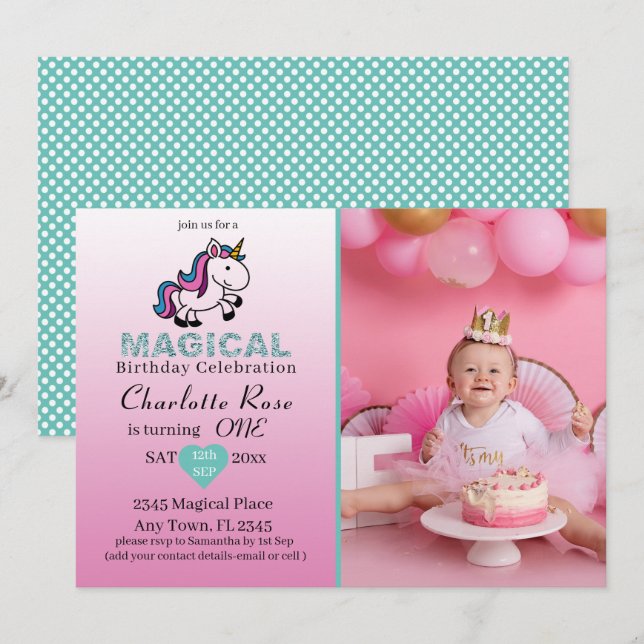 1st Birthday Magical Unicorn Girly Blush Pink Invitation (Front/Back)
