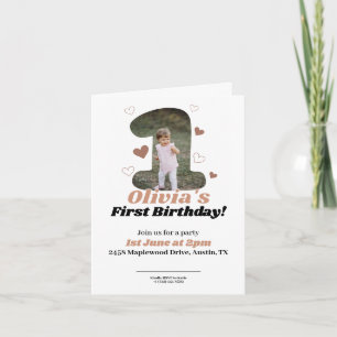 1st Birthday Minimalist Beige Teddy Hearts Invitation