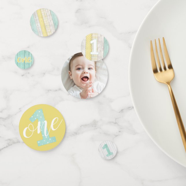 1st Birthday Mint & Yellow Cottage Rustic Wood Confetti (Group)