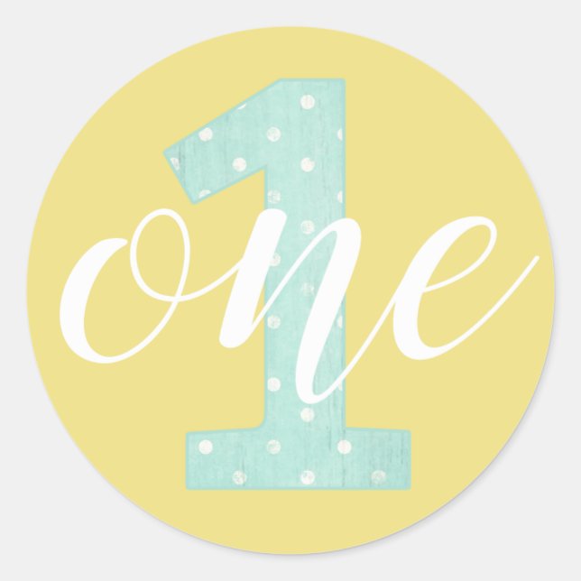 1st Birthday Mint & Yellow Polka Dot One Classic Round Sticker (Front)