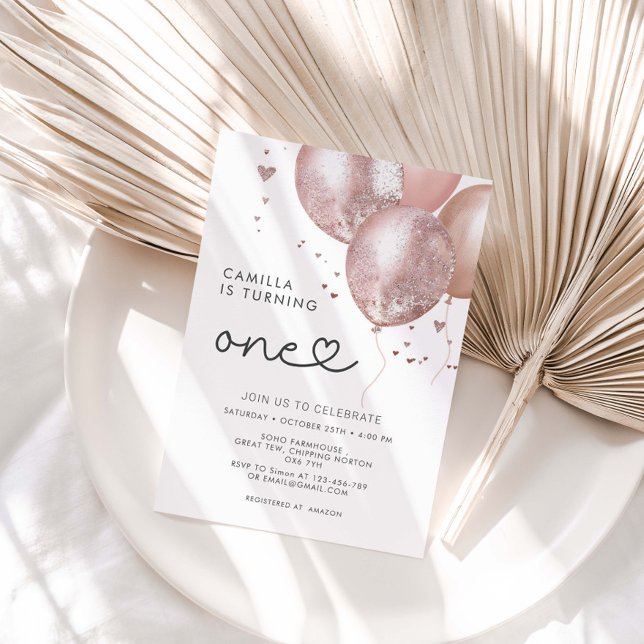 1st Birthday Modern Pink Balloon Girl Invitation (Creator Uploaded)