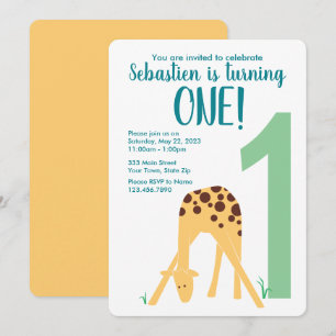 1st Birthday Modern Yellow Baby Giraffe Invitation