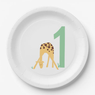 1st Birthday Modern Yellow Giraffe Paper Plate