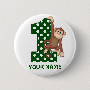 1st Birthday Monkey Green Personalised Button