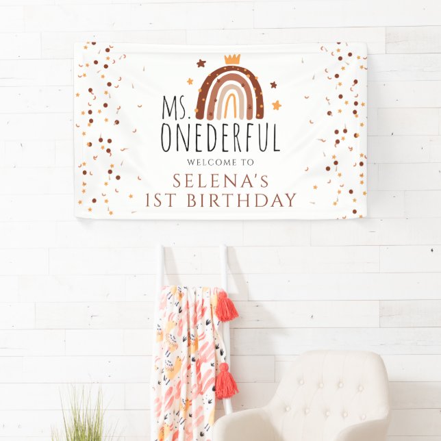 1st Birthday Ms Onederful Terracotta Rainbow  Banner (Insitu)