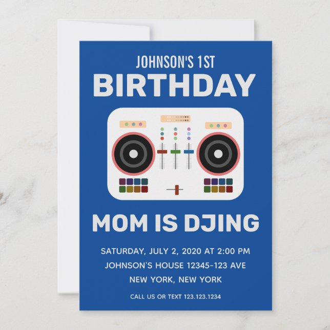 1st Birthday Mum is DJing Blue Invitation (Front)