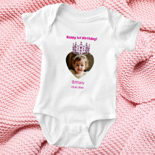 1st Birthday name age photo pink tiara baby girl Bodysuit