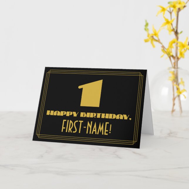 1st Birthday: Name + Art Deco Inspired Look "1" Card (Yellow Flower)