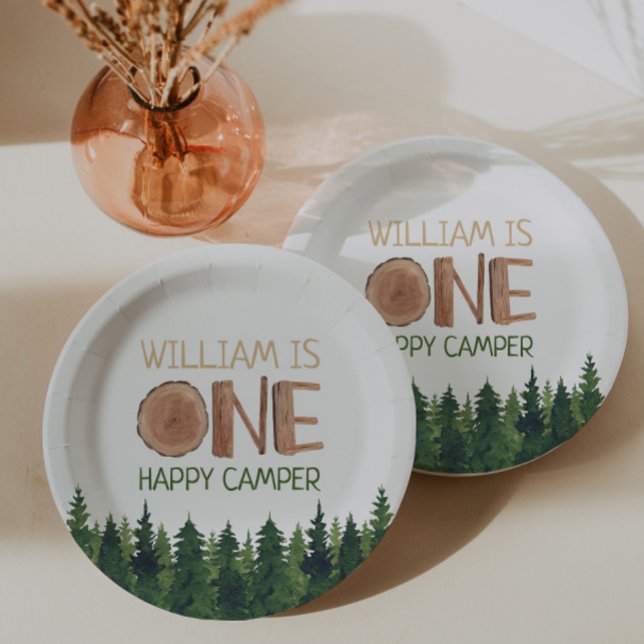 1st Birthday Name Rustic One Happy Camper  Paper Plate (Creator Uploaded)