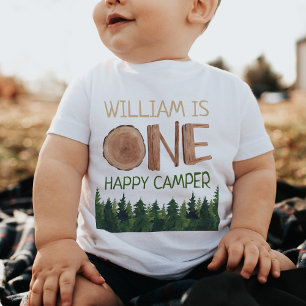 1st Birthday Name Watercolor One Happy Camper  Baby T-Shirt