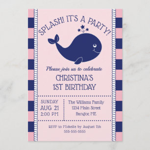 1st Birthday Nautical Blue Whale Pink Blue Stripes Invitation