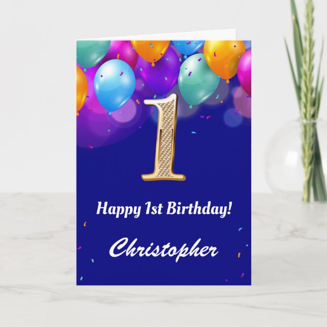 1st Birthday Navy Blue and Gold Colourful Balloons Card (Front)