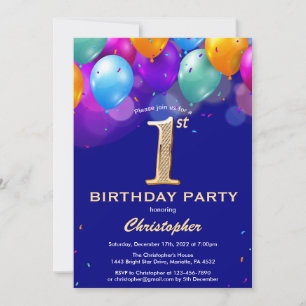 1st Birthday Navy Blue and Gold Colourful Balloons Invitation