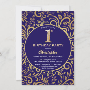 1st Birthday Navy Blue and Gold Floral Pattern Invitation