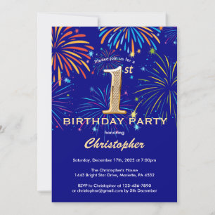 1st Birthday Navy Blue and Gold Rainbow Fireworks Invitation
