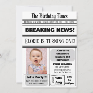 1st Birthday Newspaper Theme Boy Girl Magazine Invitation