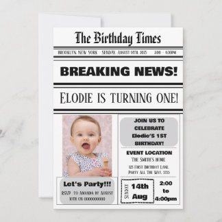 1st Birthday Newspaper Theme Boy Girl Magazine Invitation