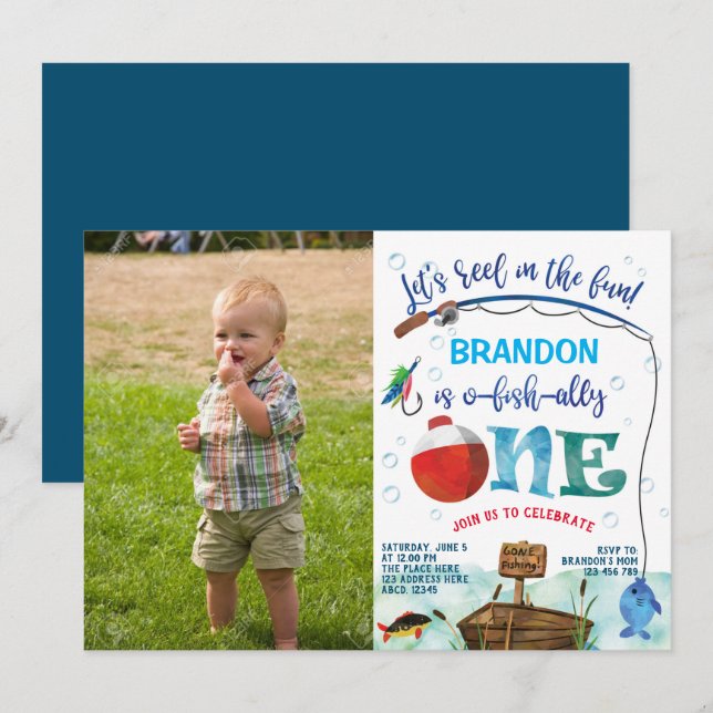 1st Birthday O-fish-ally Little Fisherman photo Invitation (Front/Back)