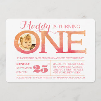 1st Birthday Ombre Watercolor One Photo Invitation