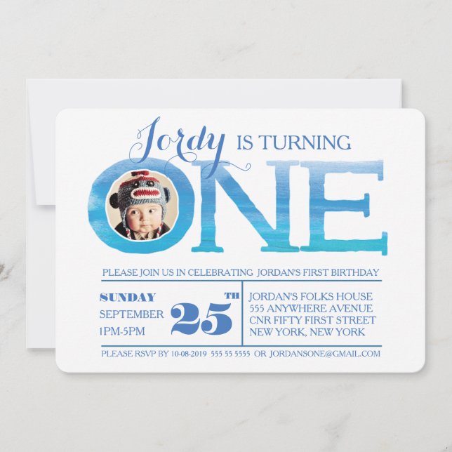 1st Birthday Ombre Watercolor One Photo Invitation (Front)