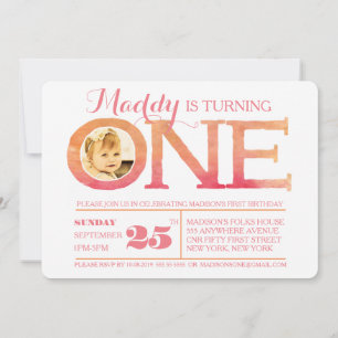 1st Birthday Ombre Watercolor One Photo Invitation