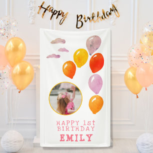 1st Birthday One Balloons Girl Photo  Banner