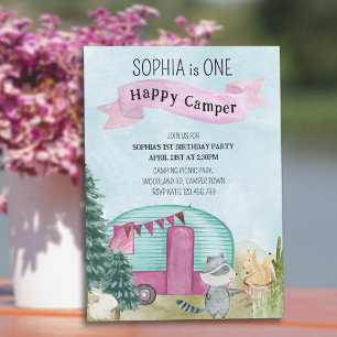 1st Birthday One Happy Camper Woodland Camping Invitation
