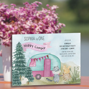 1st Birthday One Happy Camper Woodland Caravan Invitation