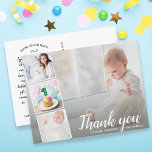 1st Birthday, or Any Year, Thank You Photo Collage Postcard<br><div class="desc">Say thank you in style with this postcard featuring 4 of your favourite photos accented with a chic hand-lettered looking script font that reads "Thank you" or change to your custom text. Add your names or custom text to the front and type in your custom thank you note on the...</div>
