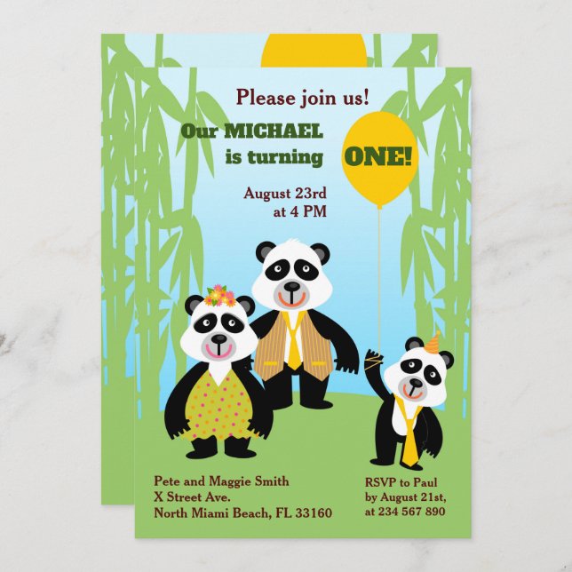 1st Birthday Panda Bear Family Party Invitation (Front/Back)