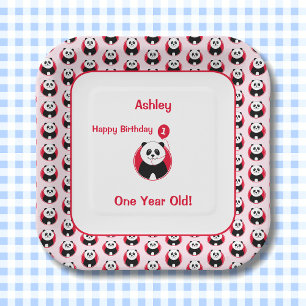 1st birthday panda red balloon paper plate