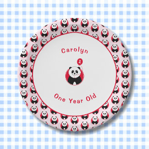 1st birthday panda red pattern paper plate