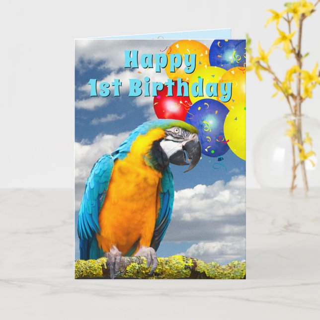 1st Birthday Parrot Colorful Balloons Card (Yellow Flower)