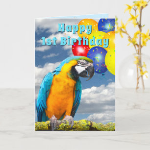1st Birthday Parrot Colourful Balloons Card