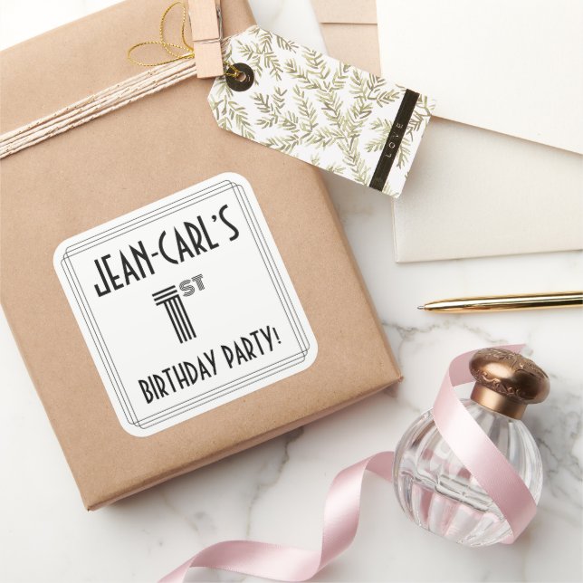 1st Birthday Party: Art Deco Style + Custom Name Square Sticker (Gifting)