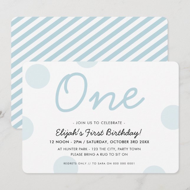 1st BIRTHDAY PARTY baby blue boy ONE polka dots Invitation (Front/Back)