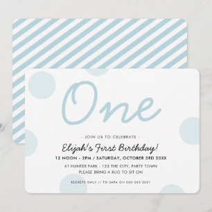 1st BIRTHDAY PARTY baby blue boy ONE polka dots Invitation